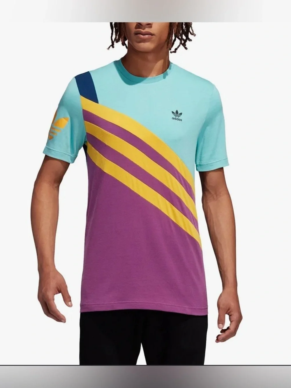 adidas Teal, Purple & Yellow Diagonal Stripe Short Sleeve Tee NWT - L